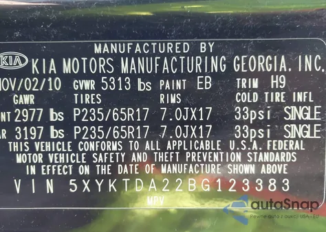 2011 Kia Sorento Lx V6 from USA, damaged, VIN 5XYKTDA22BG123383